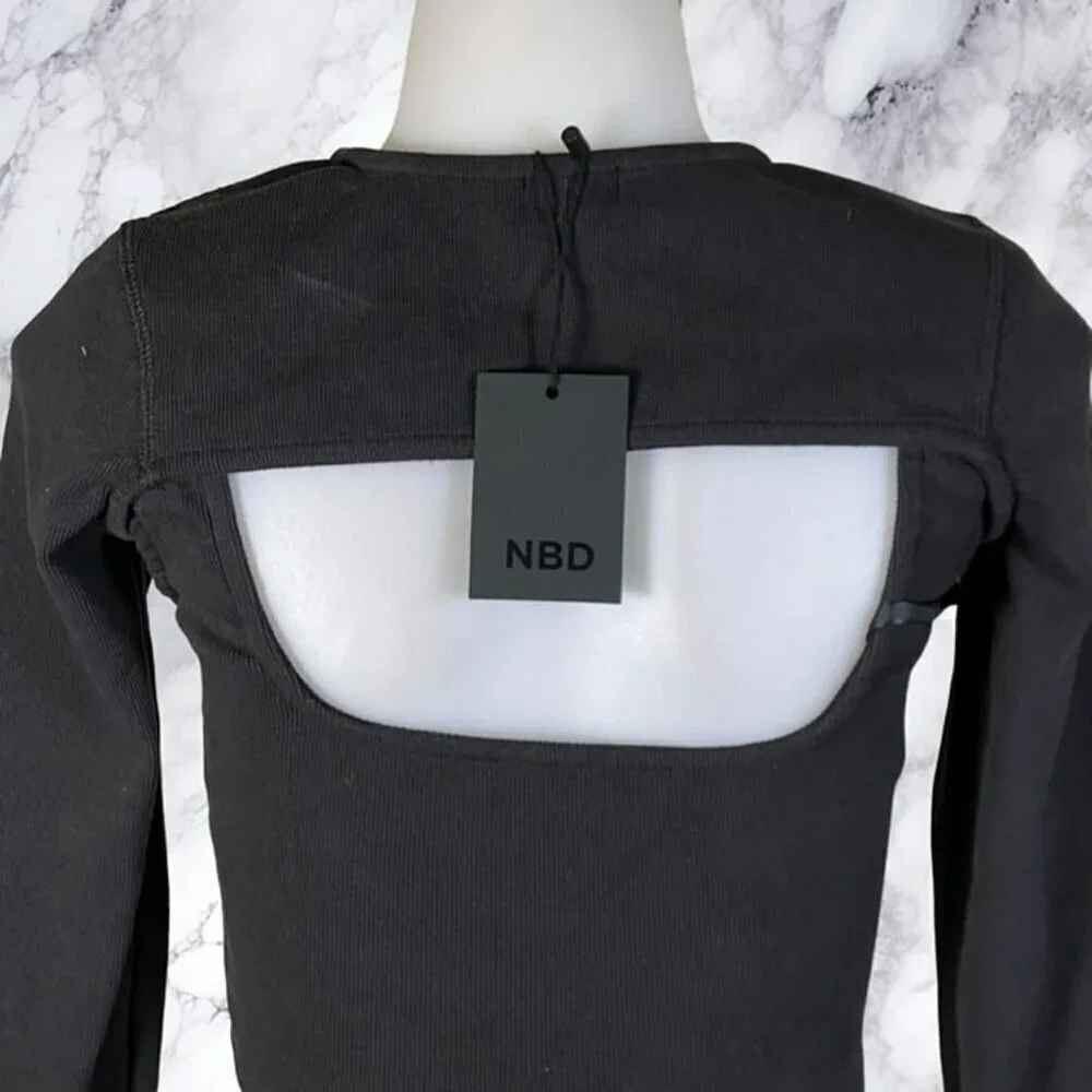 NBD Cropped Long Sleeve Top Tank Set - Black